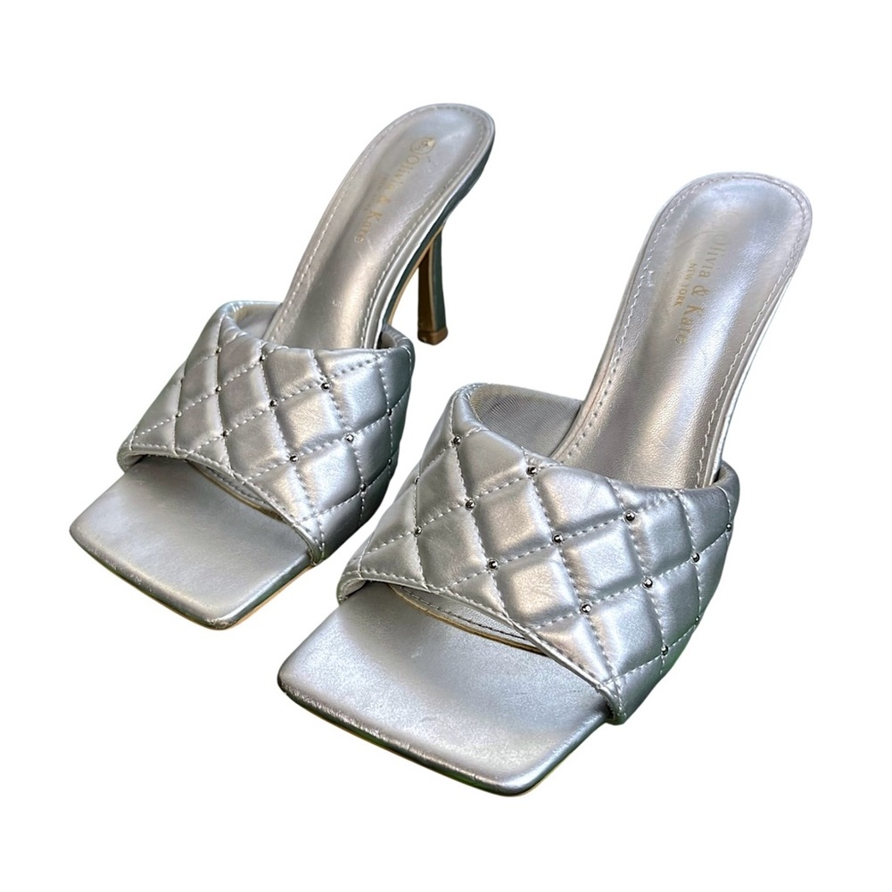 Olivia & Kate Quilted Squared Square Toe Stud Heel Slides Size 8 Elegant Silver